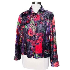 Chico's Women Abstract Floral Tapestry Jacket Linen Silk Blend Artsy Size 1